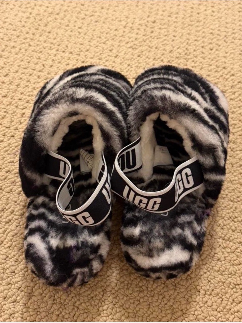 UGG Black and White Zebra Faux Fur Slide Sandals